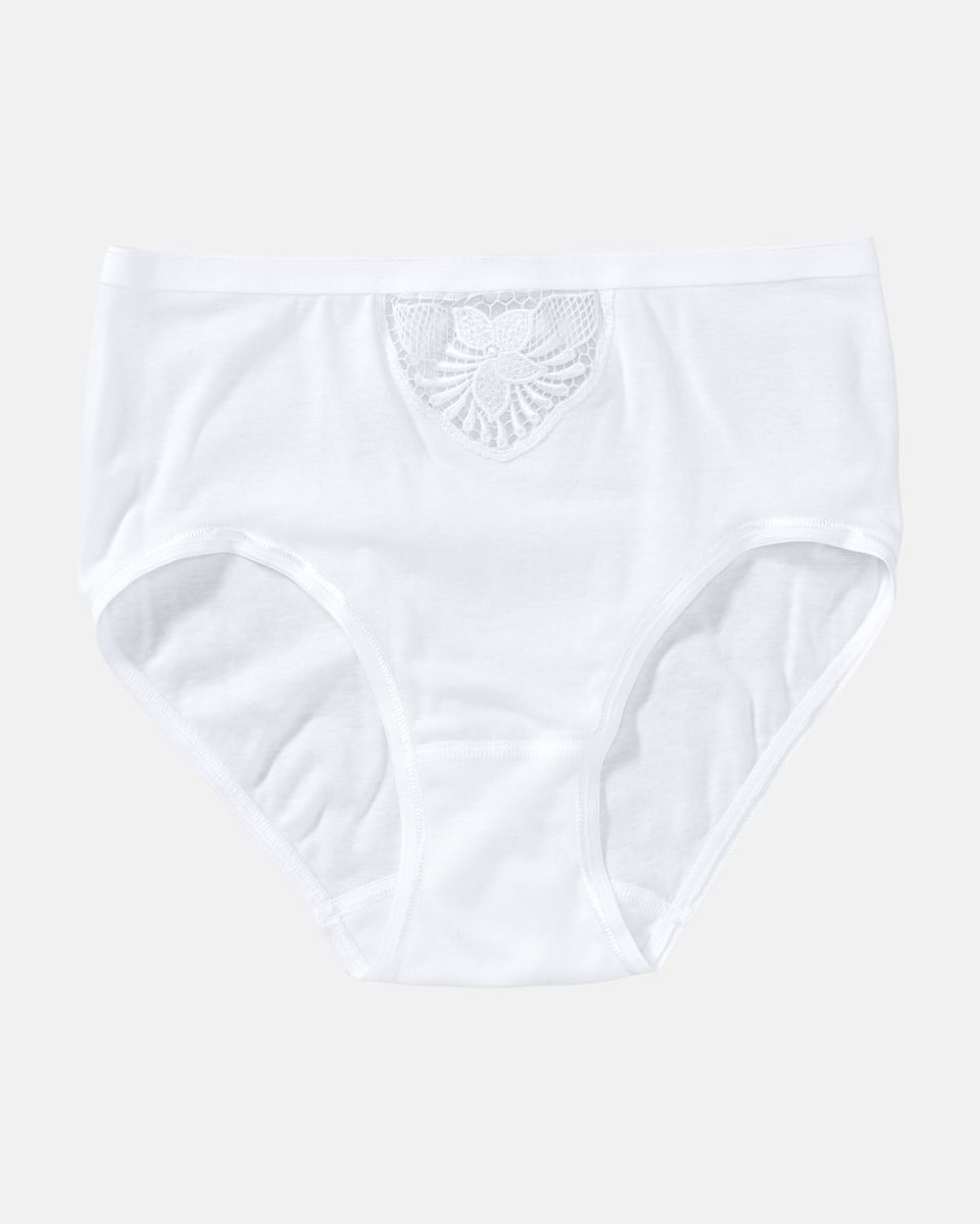 Hüftslip in weiß aus der Serie Nadja, flach auf einer Oberfläche liegend.