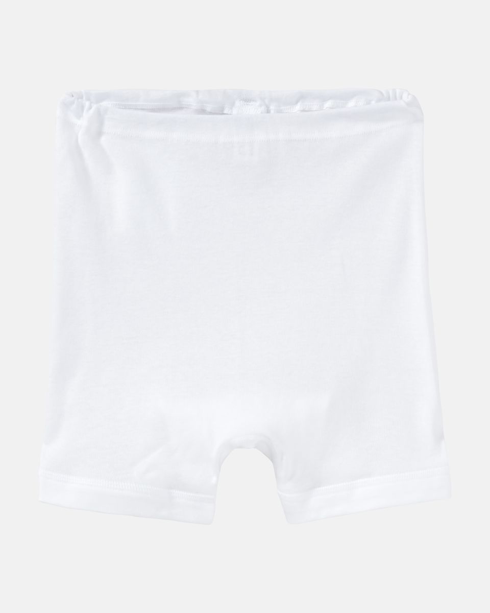 Pagenschlüpfer in weiß aus der Serie Nelly, flach auf einer Oberfläche liegend.