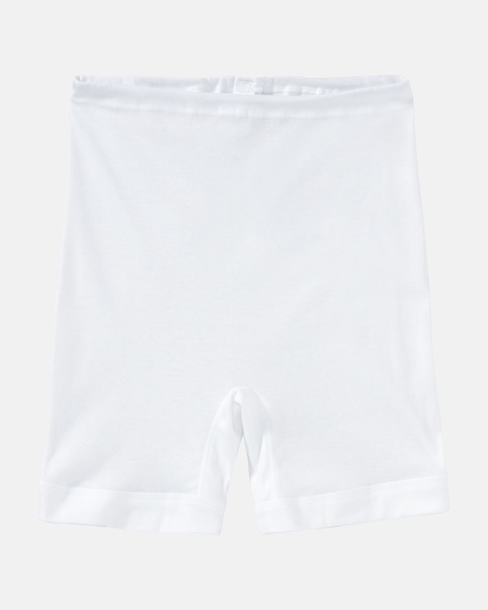 Langbeinschlüpfer in weiß aus der Serie Nelly, flach auf einer Oberfläche liegend.