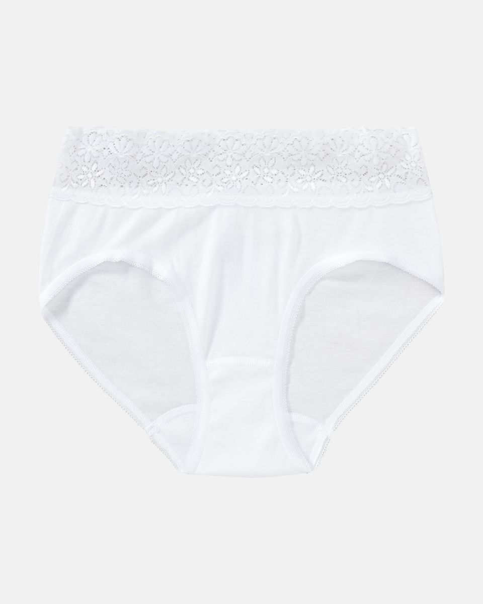 Hüftslip in weiß aus der Serie Natalie, flach auf einer Oberfläche liegend.