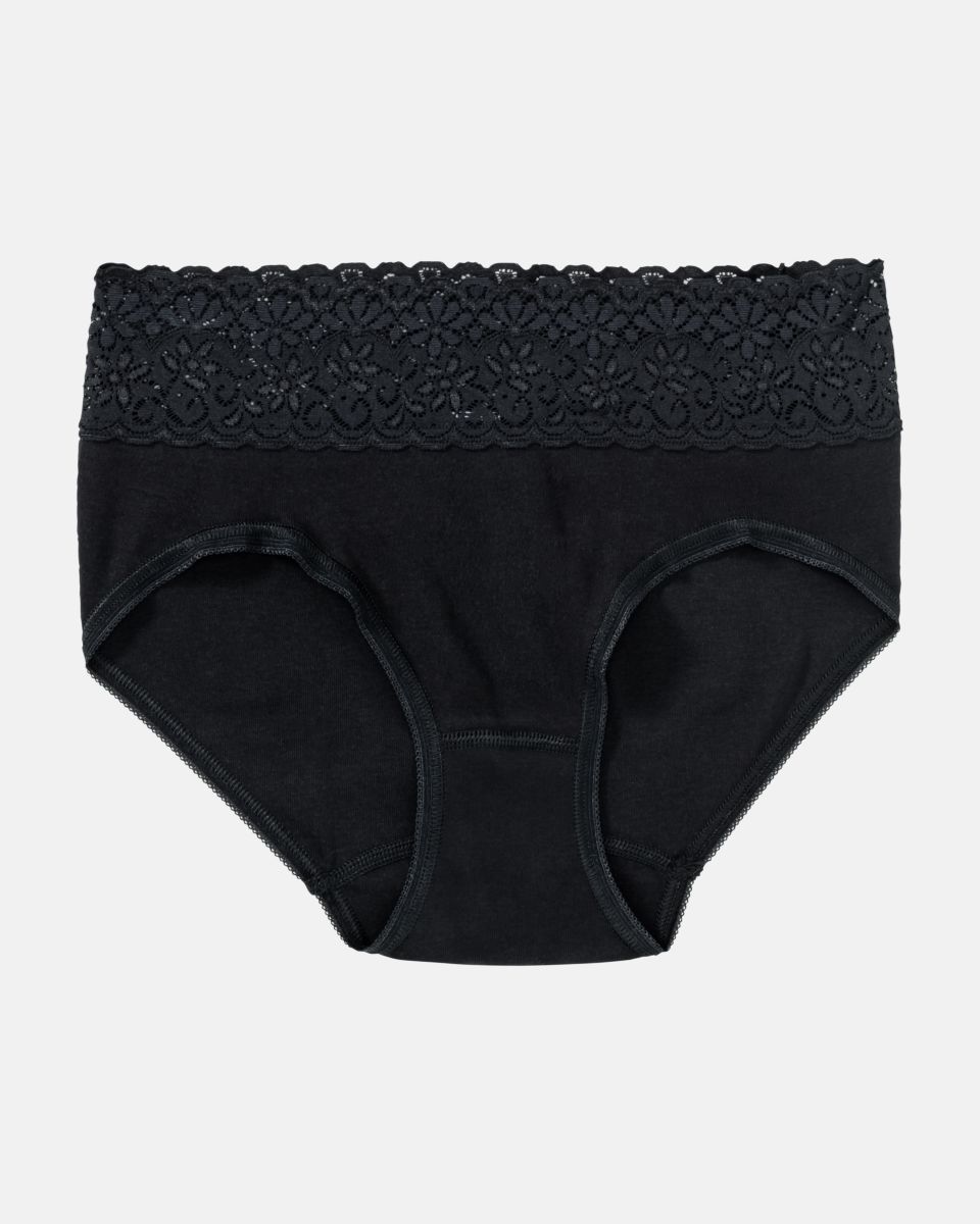 Hüftslip in schwarz aus der Serie Natalie, flach auf einer Oberfläche liegend.