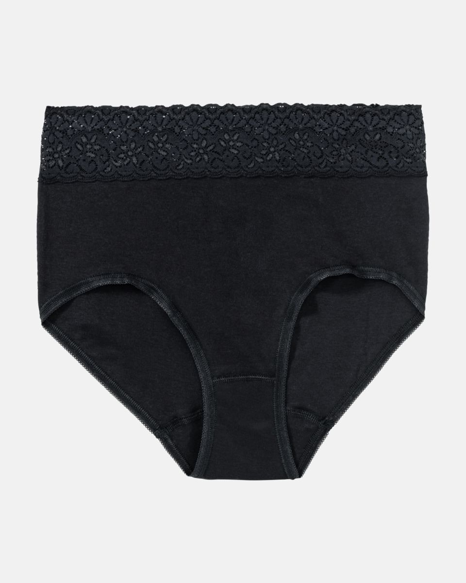 Taillenslip in schwarz aus der Serie Natalie, flach auf einer Oberfläche liegend.