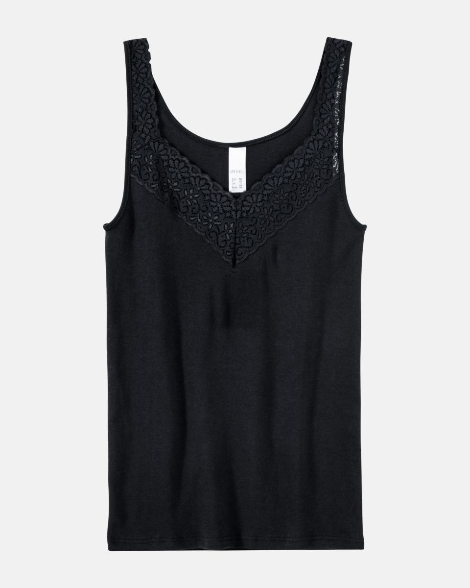 Achselhemd in schwarz aus der Serie Natalie, flach auf einer Oberfläche liegend.