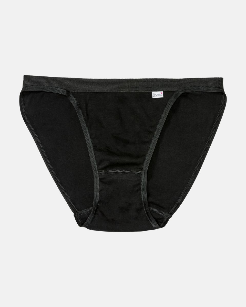 Tanga in schwarz aus der Serie Britta, flach auf einer Oberfläche liegend.
