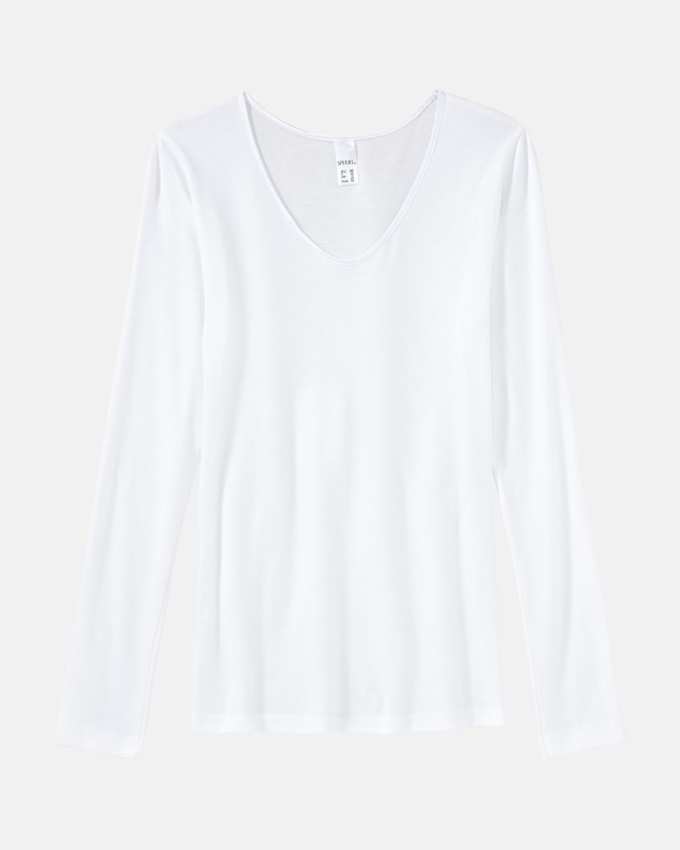 Hemd 1/1 Arm in weiß aus der Serie Natascha, flach auf einer Oberfläche liegend.