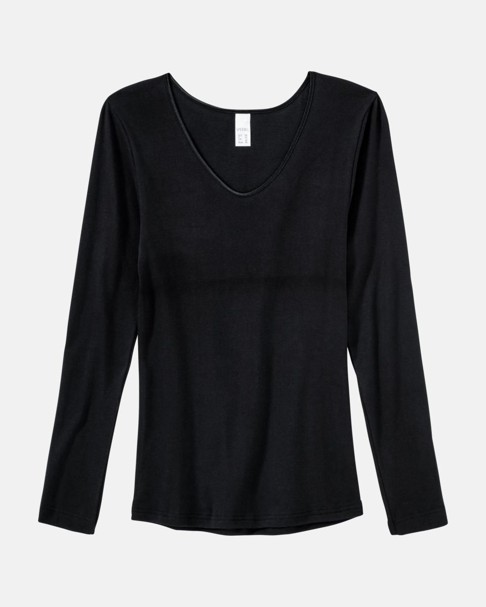 Hemd 1/1 Arm in schwarz aus der Serie Natascha, flach auf einer Oberfläche liegend.