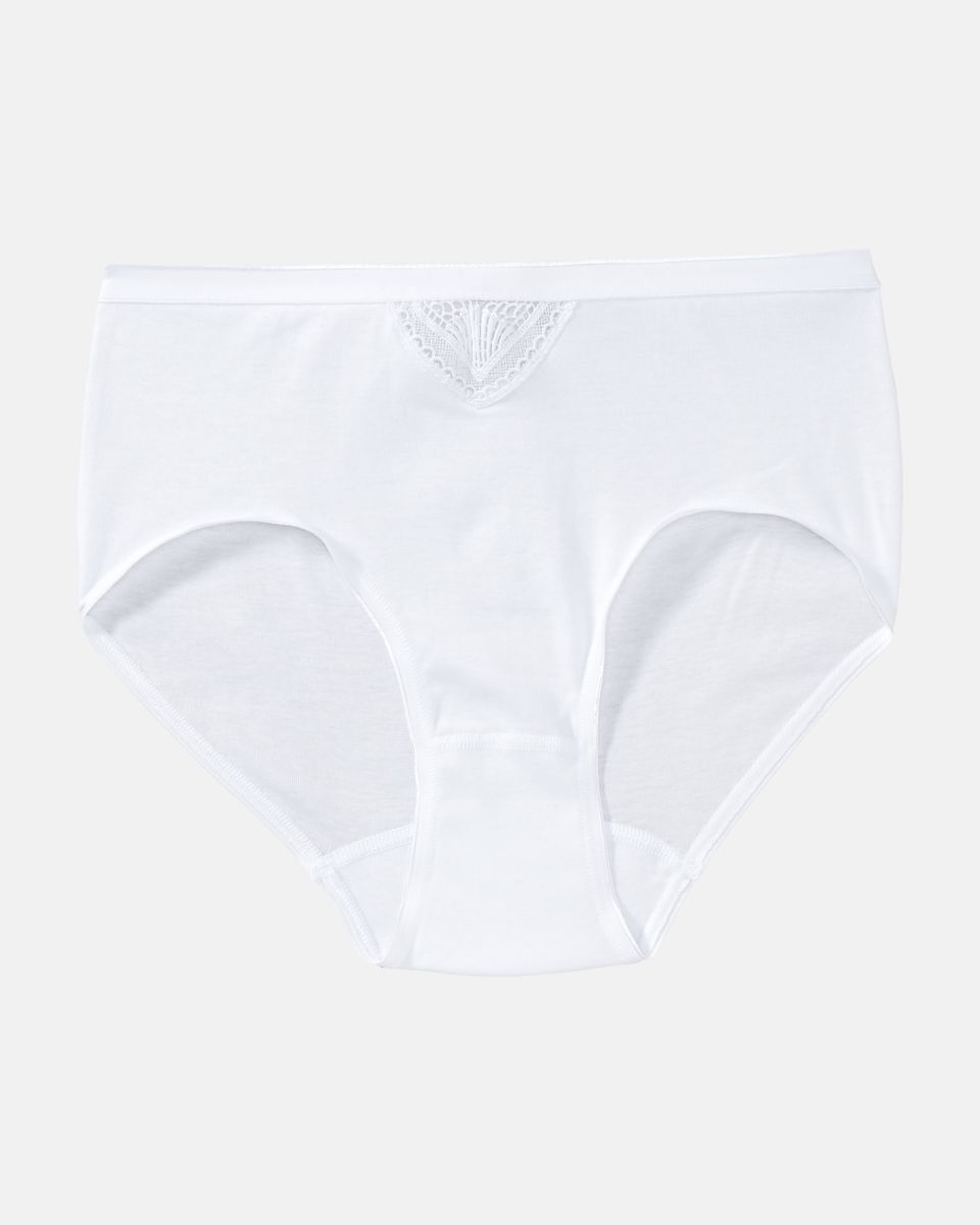 Taillenslip in weiß aus der Serie Nicolina, flach auf einer Oberfläche liegend.