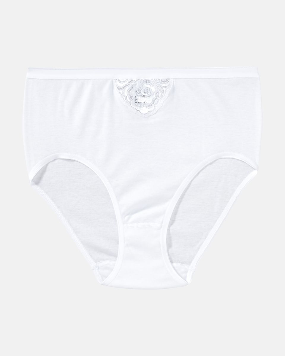 Maxislip in weiß aus der Serie Lingerie Plus, flach auf einer Oberfläche liegend.