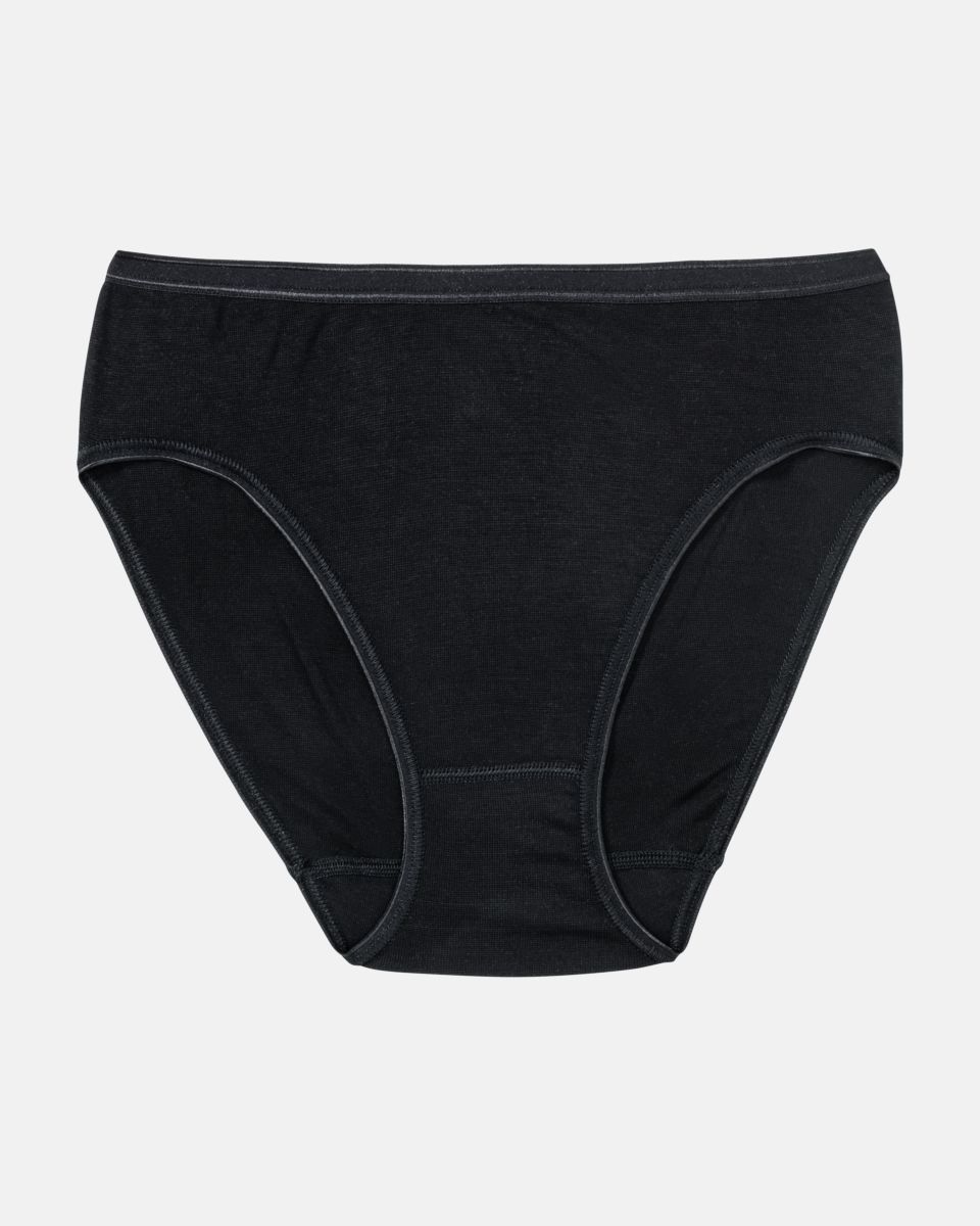 Hüftslip in schwarz aus der Serie Nadine, flach auf einer Oberfläche liegend.