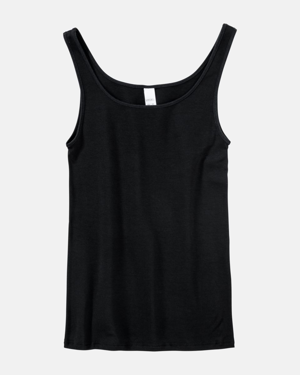 Achselhemd in schwarz aus der Serie Nadine, flach auf einer Oberfläche liegend.