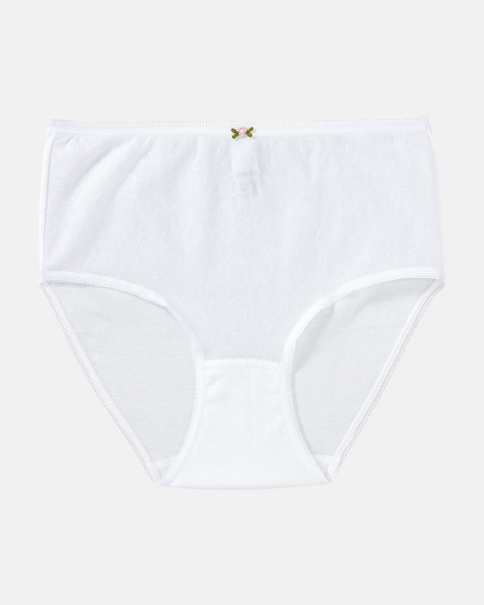 Taillenslip in weiß aus der Serie Britta, flach auf einer Oberfläche liegend.