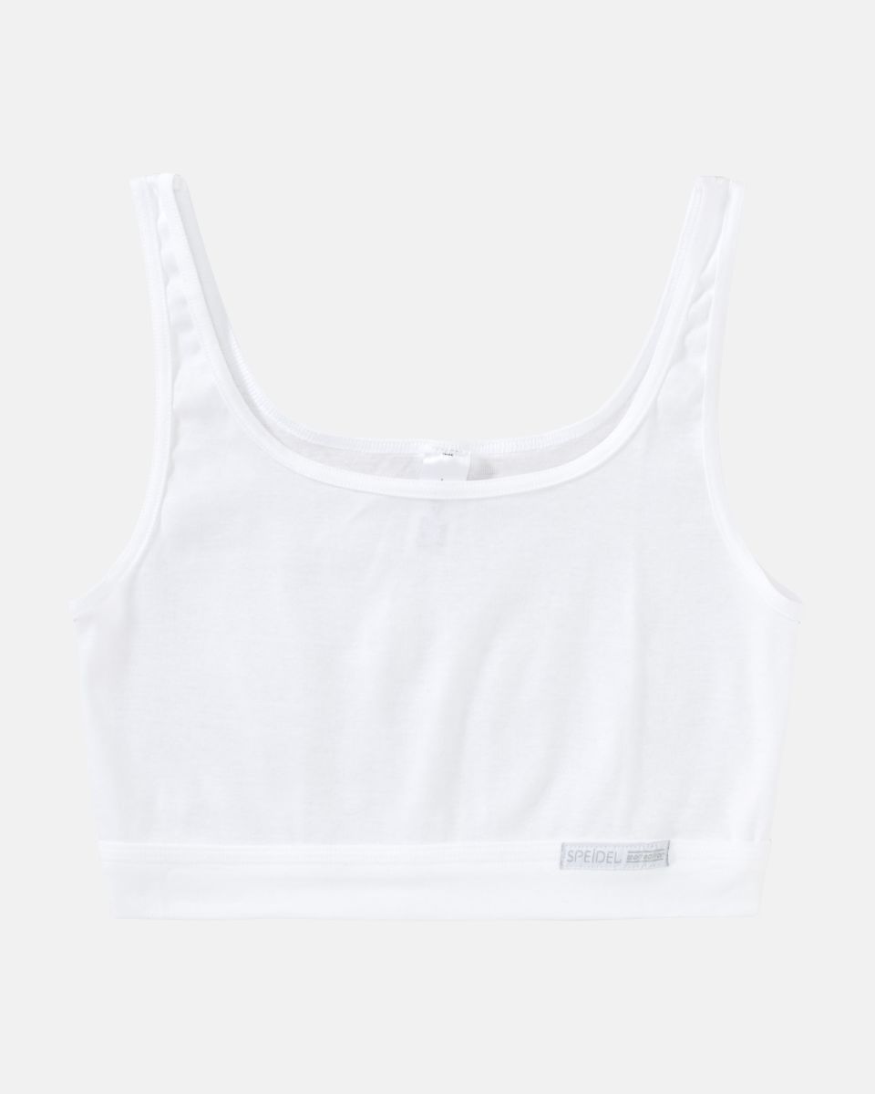Trägerbustier in weiß aus der Serie Bio Cotton, flach auf einer Oberfläche liegend.