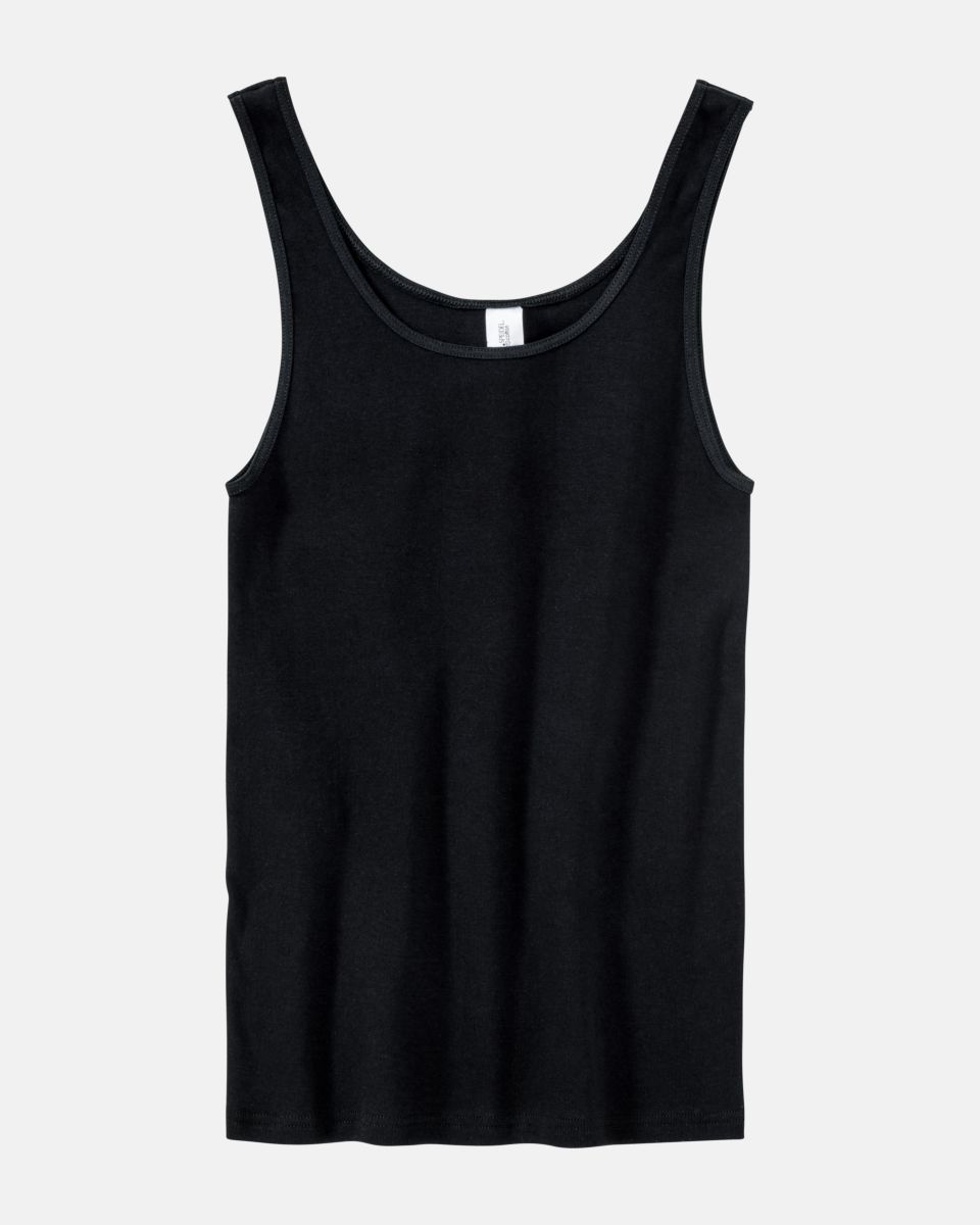 Achselhemd in schwarz aus der Serie Bio Cotton, flach auf einer Oberfläche liegend.