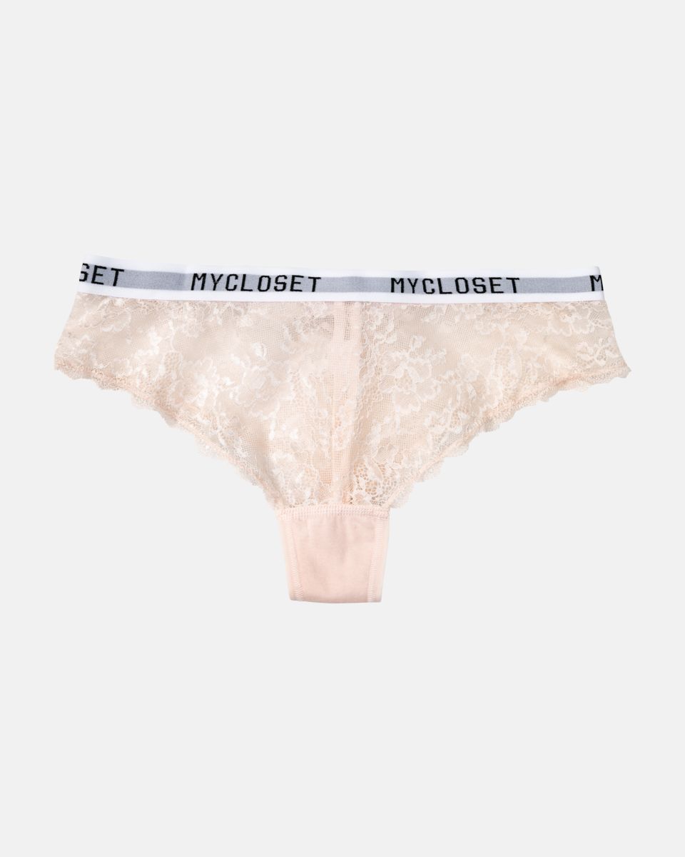 Brazilstring in lychee aus der Serie Logo Lover, flach auf einer Oberfläche liegend.