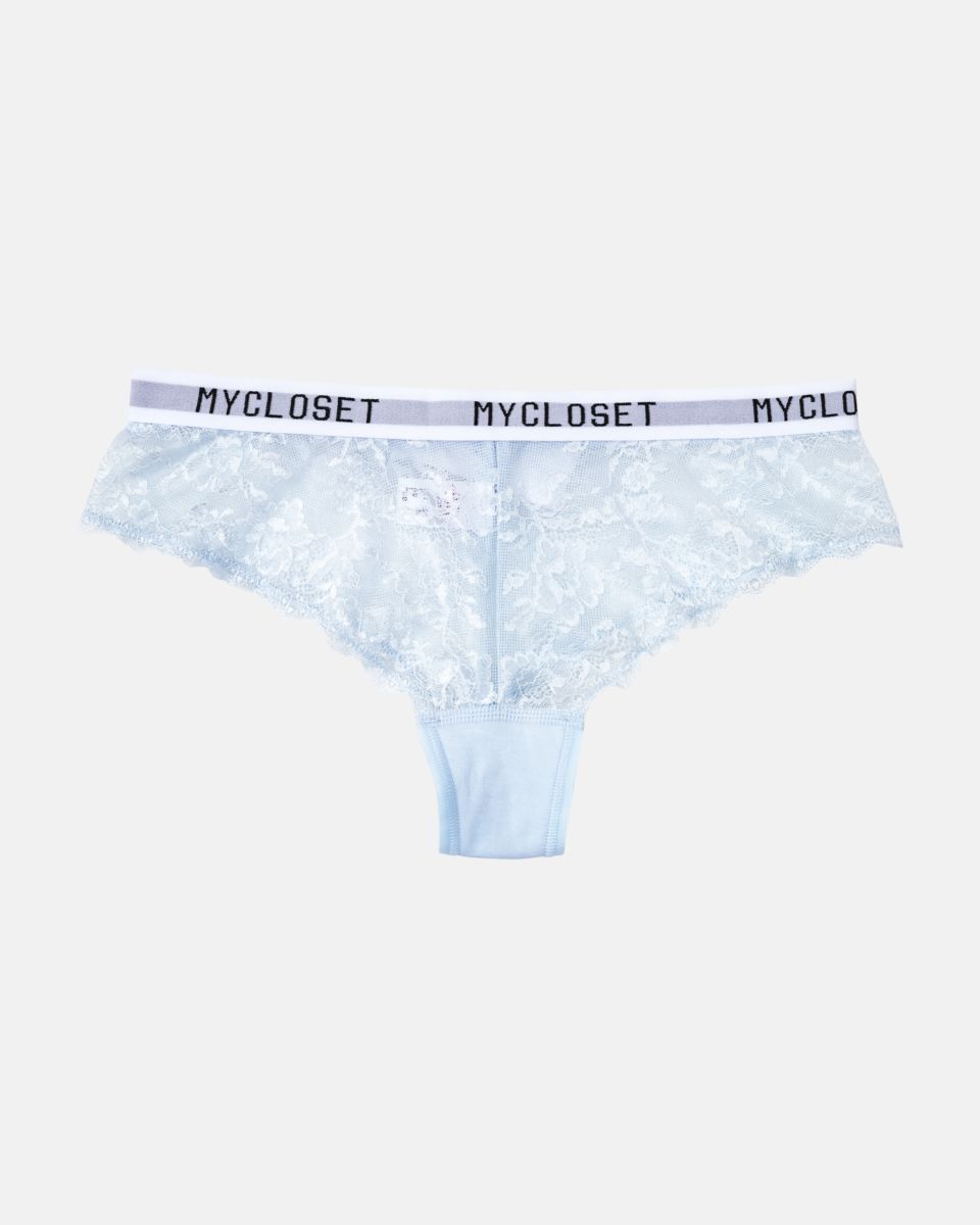 Brazilstring in aquamarin aus der Serie Logo Lover, flach auf einer Oberfläche liegend.