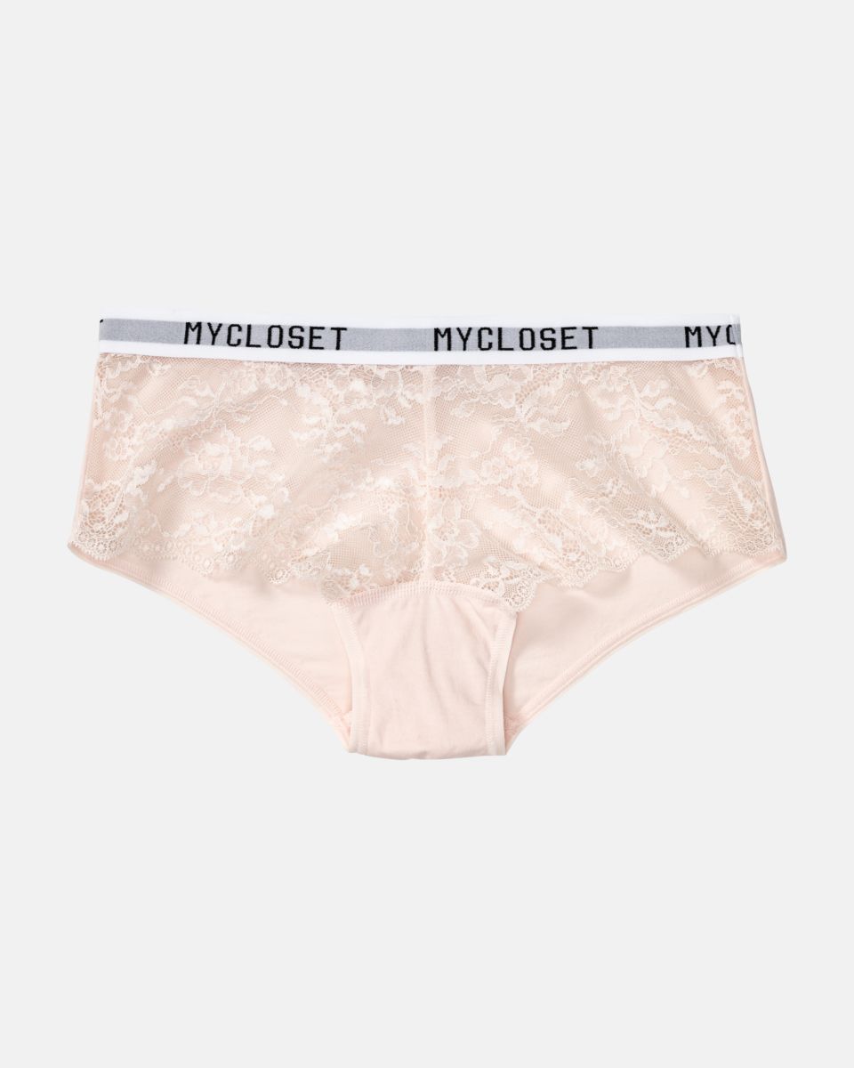 Hip Pant in lychee aus der Serie Logo Lover, flach auf einer Oberfläche liegend.