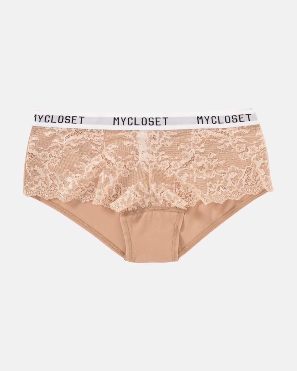 Hip Pant in caramel aus der Serie Logo Lover, flach auf einer Oberfläche liegend.