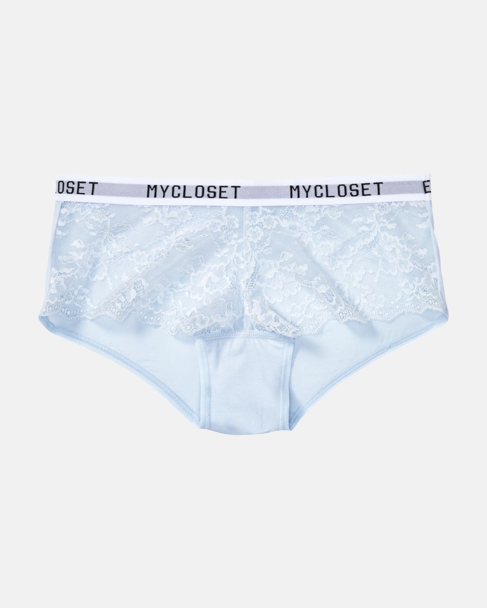 Hip Pant in aquamarin aus der Serie Logo Lover, flach auf einer Oberfläche liegend.