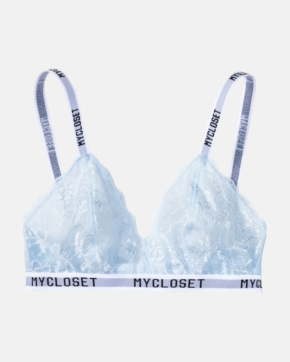 Bralette in aquamarin aus der Serie Logo Lover, flach auf einer Oberfläche liegend.