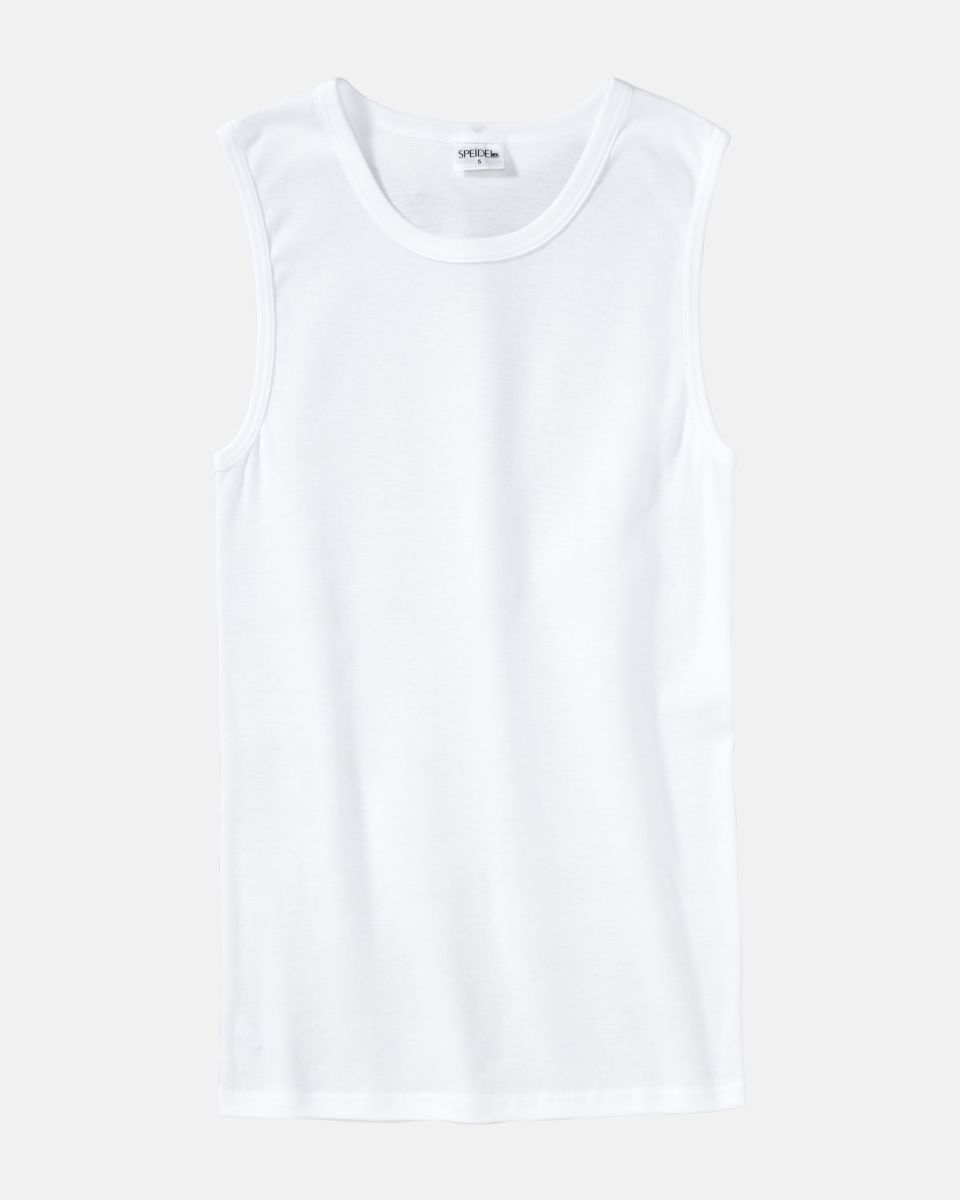 Herren Muskelshirt in weiß aus der Serie Classic, flach auf einer Oberfläche liegend.