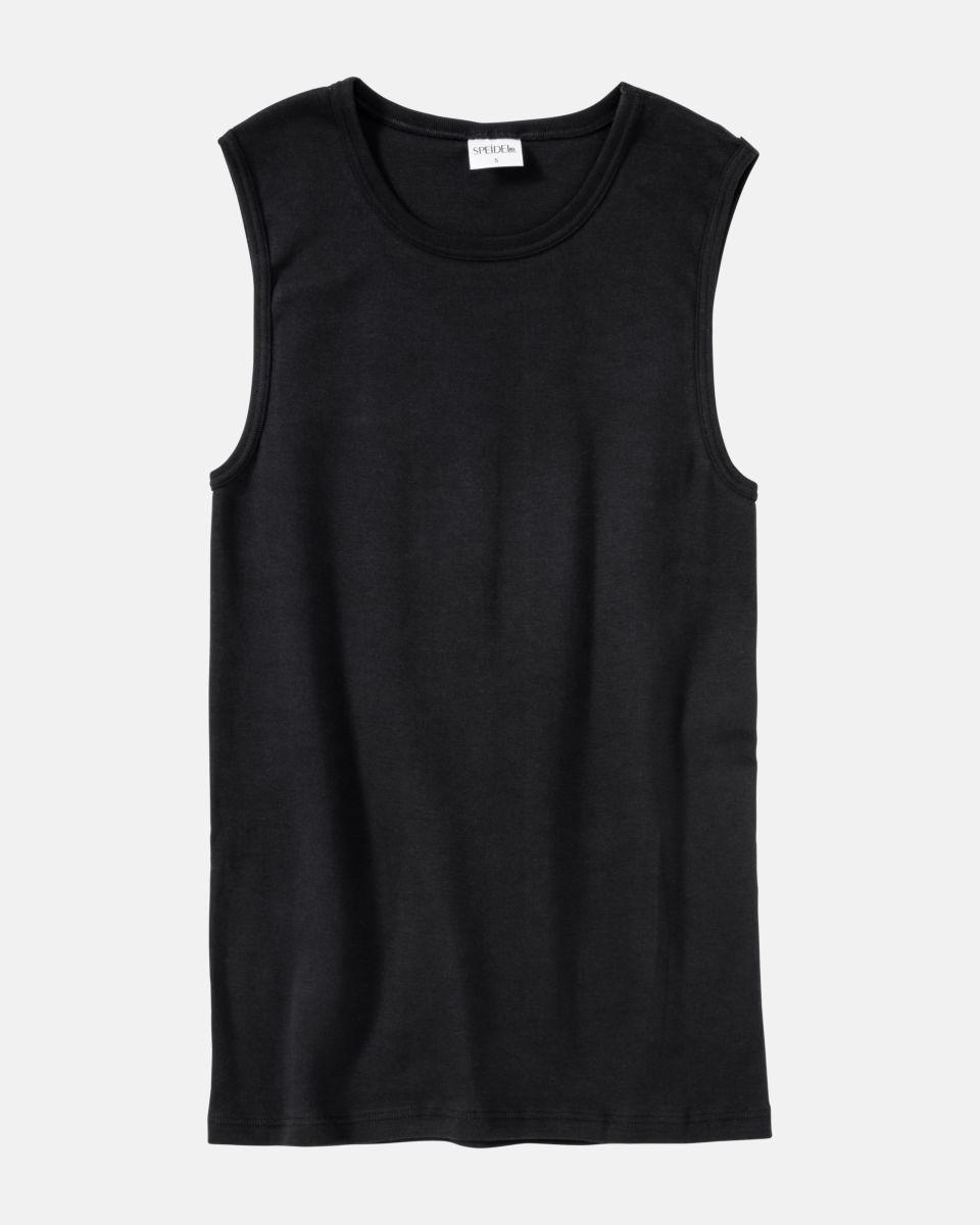 Herren Muskelshirt in schwarz aus der Serie Classic, flach auf einer Oberfläche liegend.