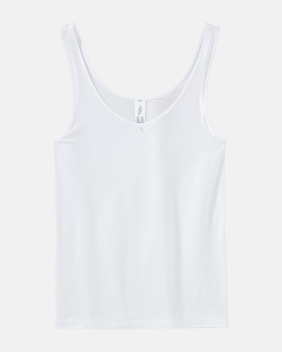 Achselhemd in weiß aus der Serie Sensuelle, flach auf einer Oberfläche liegend.