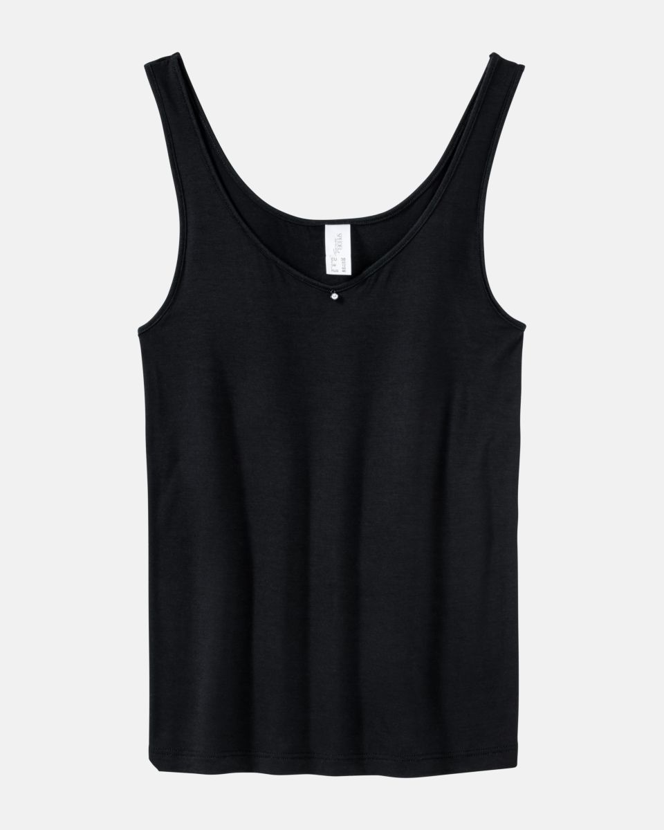 Achselhemd in schwarz aus der Serie Sensuelle, flach auf einer Oberfläche liegend.