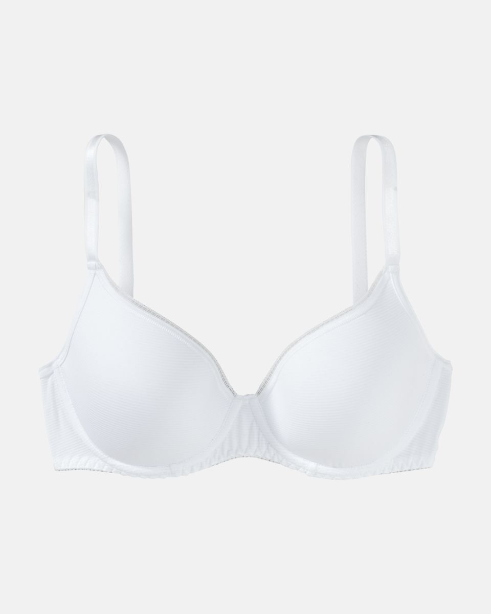 Schalen BH mit Bügel in weiß aus der Serie Magic look, flach auf einer Oberfläche liegend.