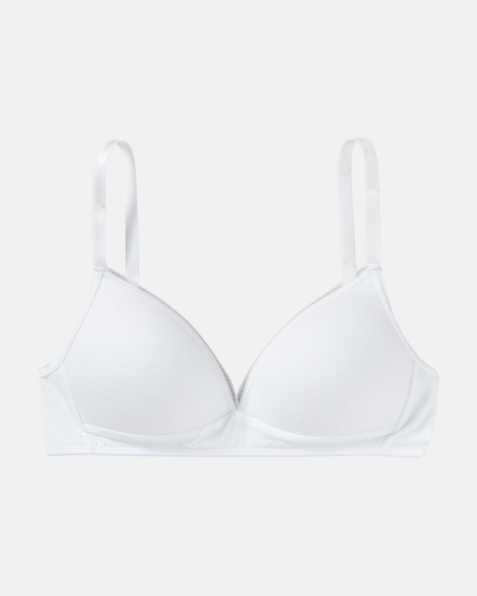 Schalen BH Triangle in weiß aus der Serie Magic look, flach auf einer Oberfläche liegend.