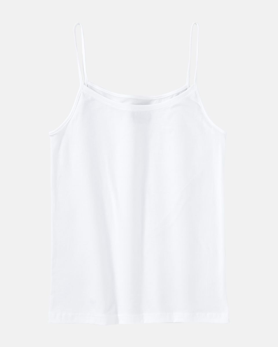 Spaghettitop in off white aus der Serie Natural Beauty, flach auf einer Oberfläche liegend.