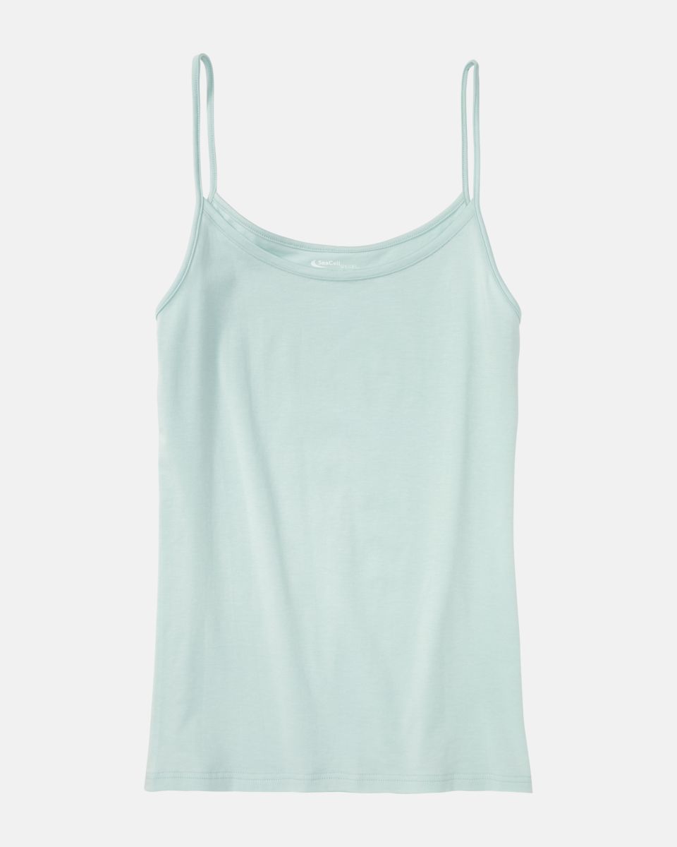 Spaghettitop in minze aus der Serie Natural Beauty, flach auf einer Oberfläche liegend.