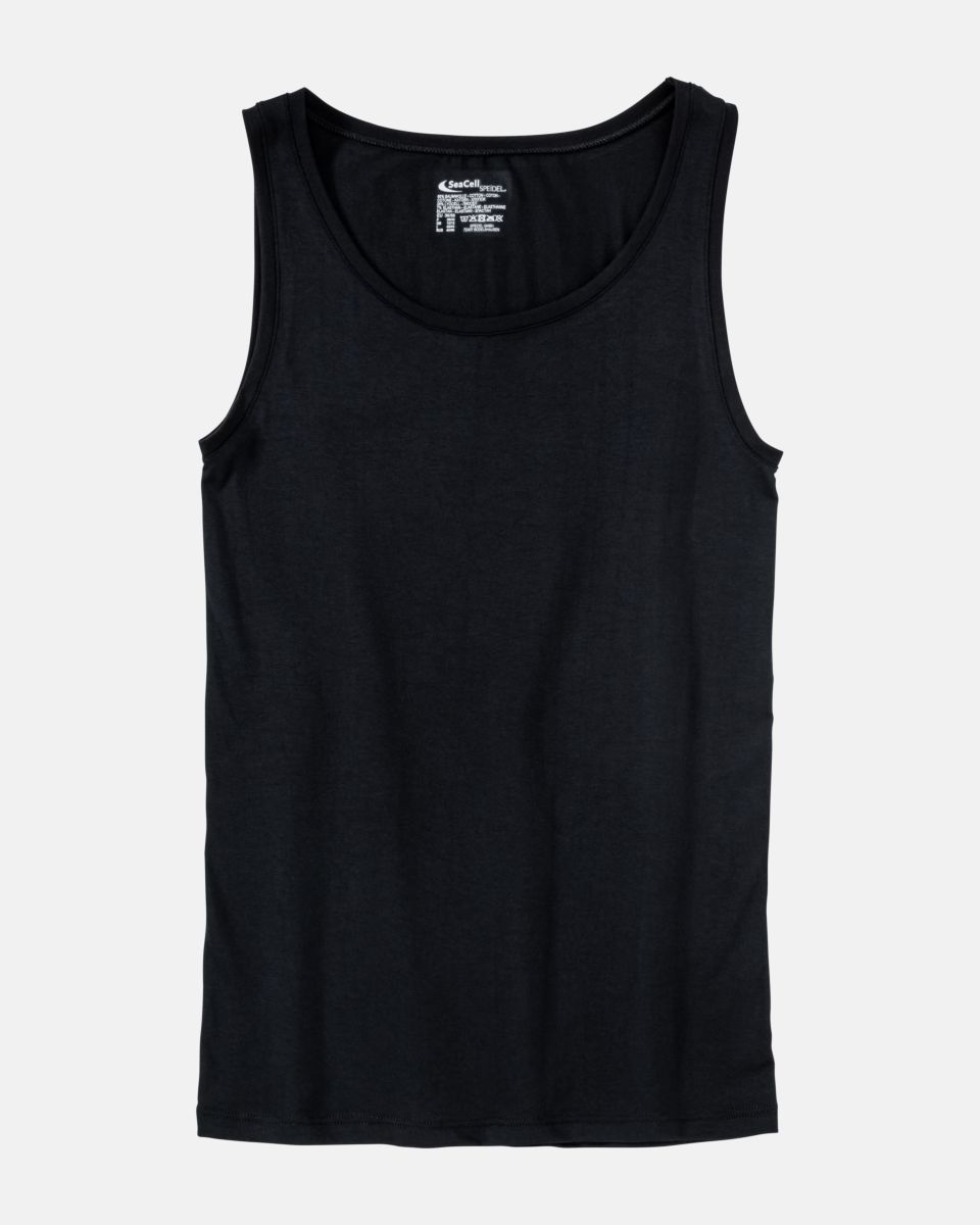 Achseltop in schwarz aus der Serie Natural Beauty, flach auf einer Oberfläche liegend.