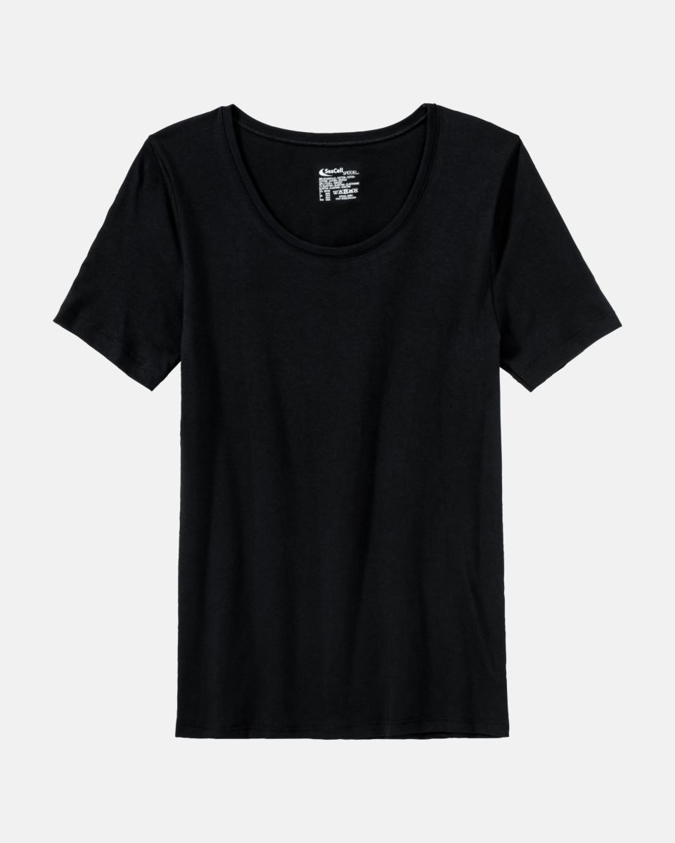 Shirt 1/4 Arm in schwarz aus der Serie Natural Beauty, flach auf einer Oberfläche liegend.