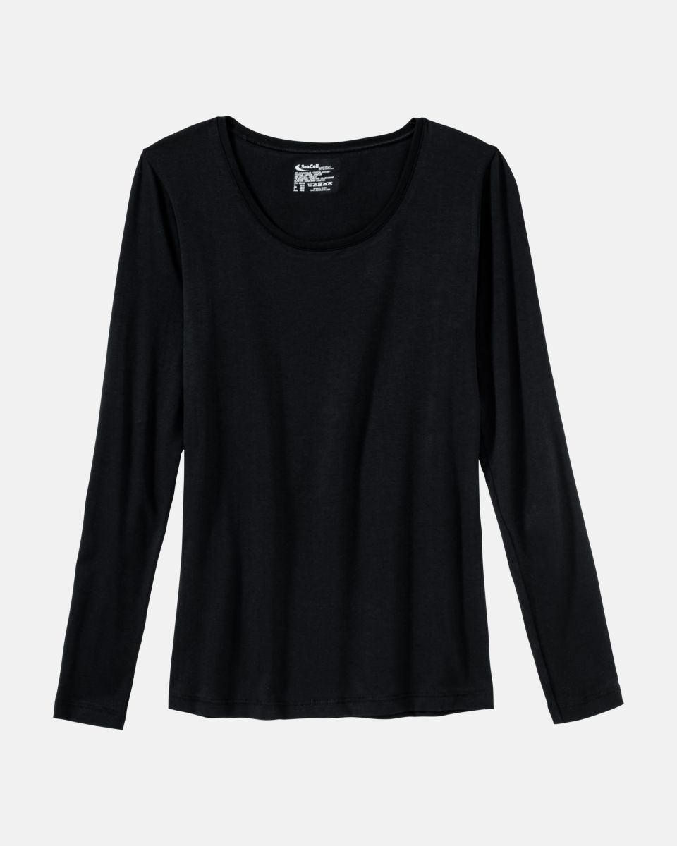 Shirt 1/1 Arm in schwarz aus der Serie Natural Beauty, flach auf einer Oberfläche liegend.