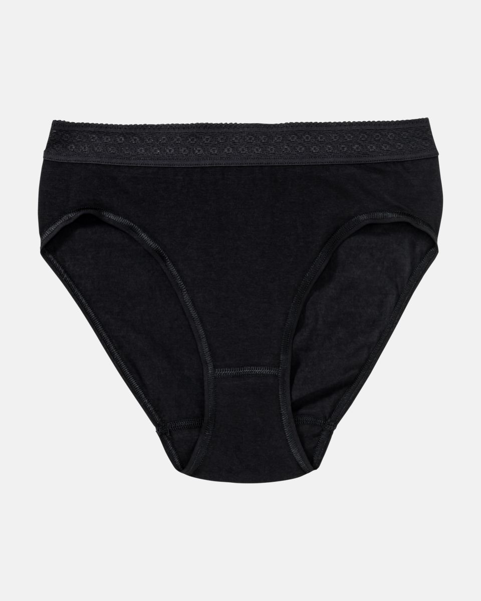 Bikinislip in schwarz aus der Serie Feelin'fine, flach auf einer Oberfläche liegend.