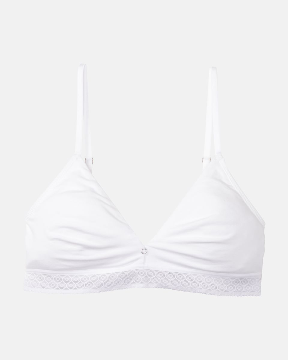 Soft BH gemoldet in weiß aus der Serie Feelin'fine, flach auf einer Oberfläche liegend.