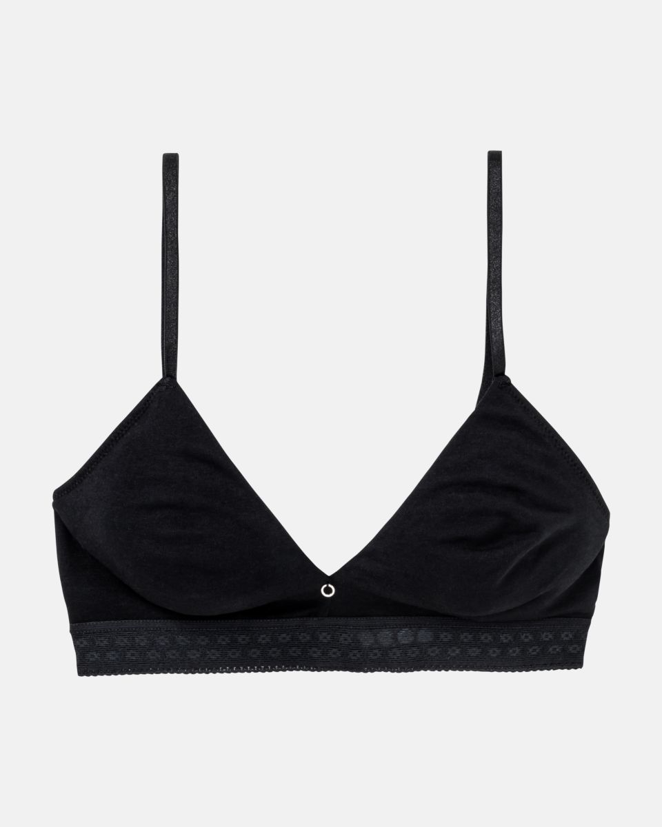 Soft BH gemoldet in schwarz aus der Serie Feelin'fine, flach auf einer Oberfläche liegend.