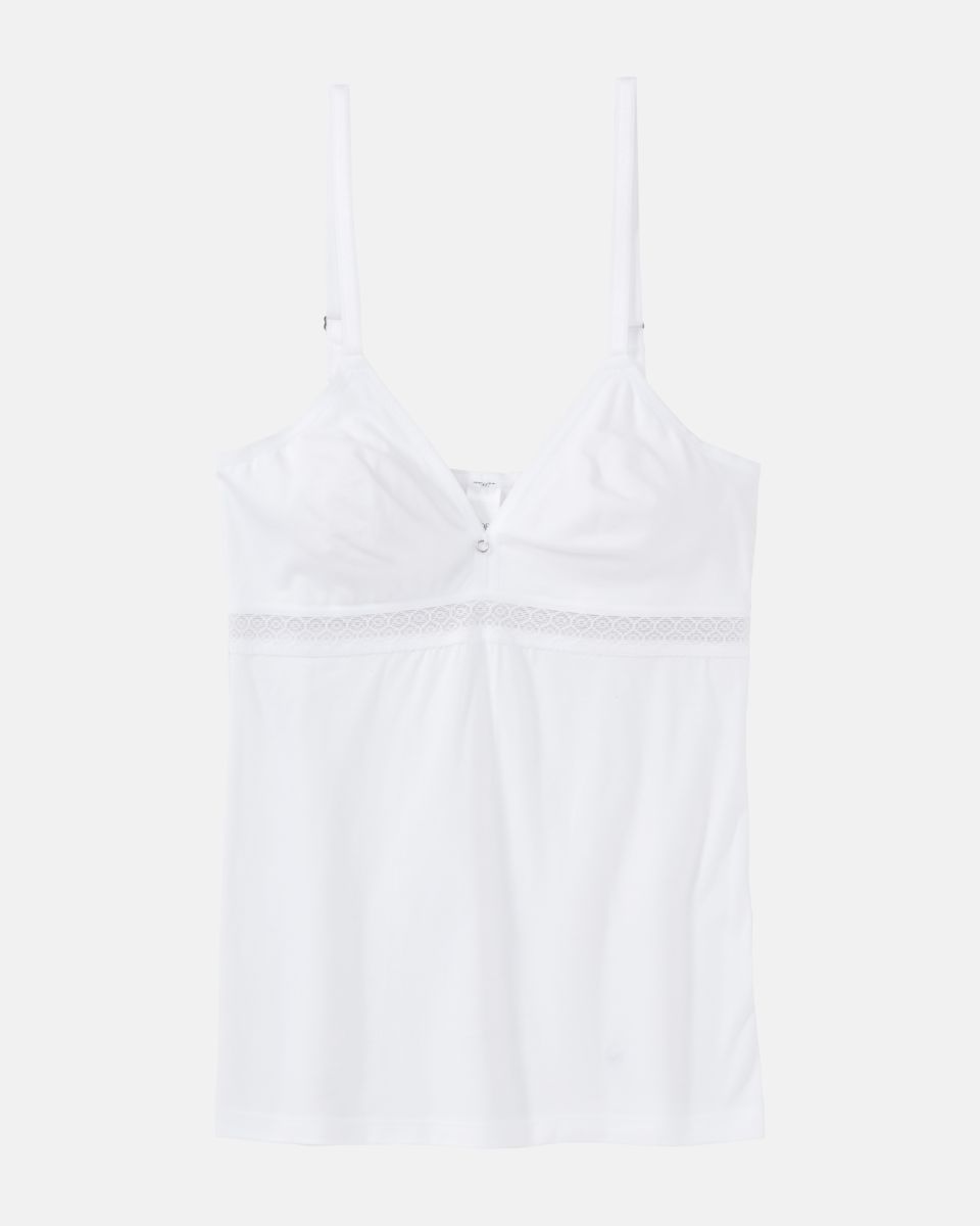 BH Hemd gemoldet in weiß aus der Serie Feelin'fine, flach auf einer Oberfläche liegend.