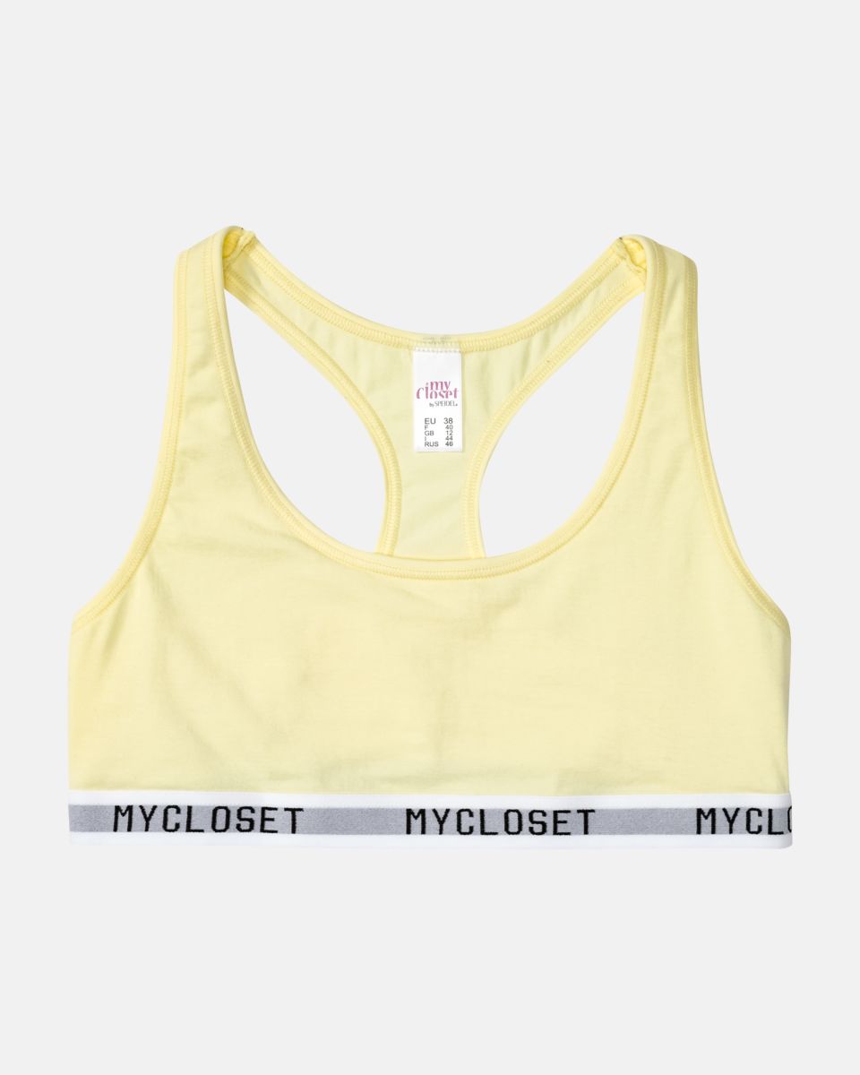 Bustier Racerback in zitrone aus der Serie Logo Lover, flach auf einer Oberfläche liegend.