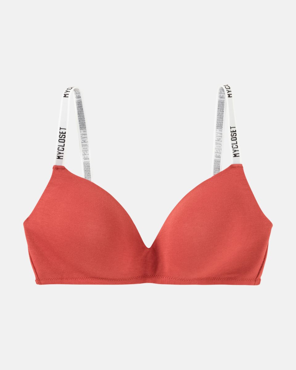 Schalen BH non wired in pepper aus der Serie Logo Lover, flach auf einer Oberfläche liegend.