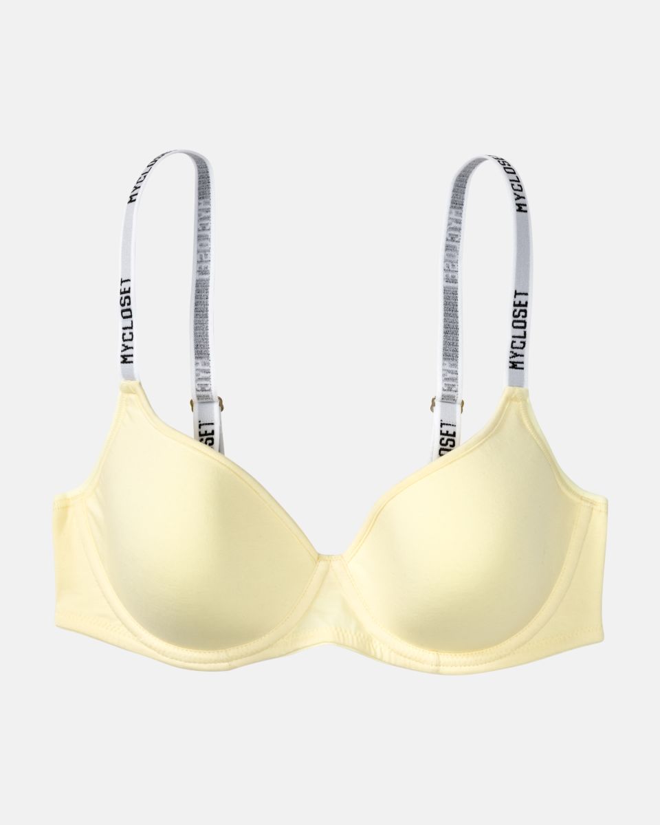 T-Shirt BH mit Schalen in zitrone aus der Serie Logo Lover, flach auf einer Oberfläche liegend.