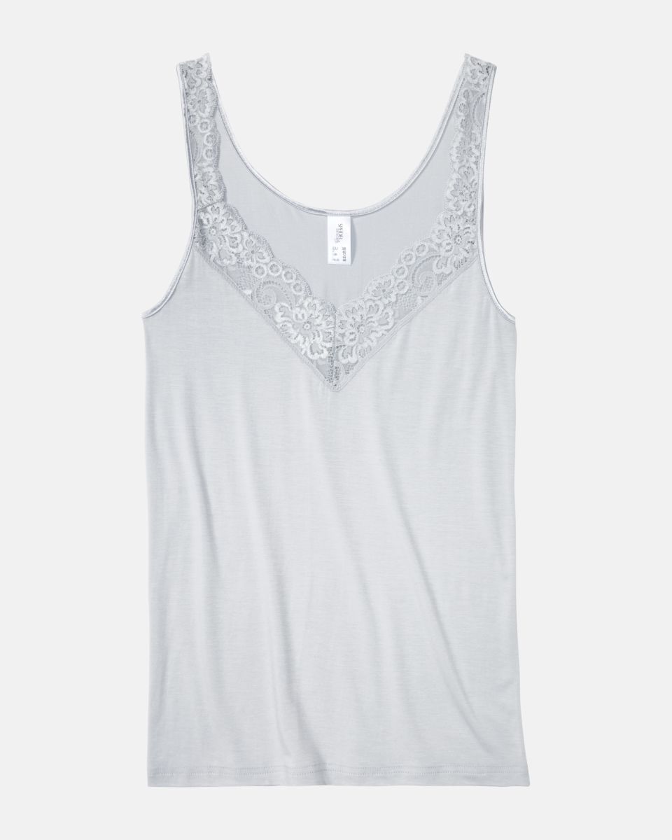 Achselhemd in silbergrau aus der Serie Sensuelle Lace, flach auf einer Oberfläche liegend.