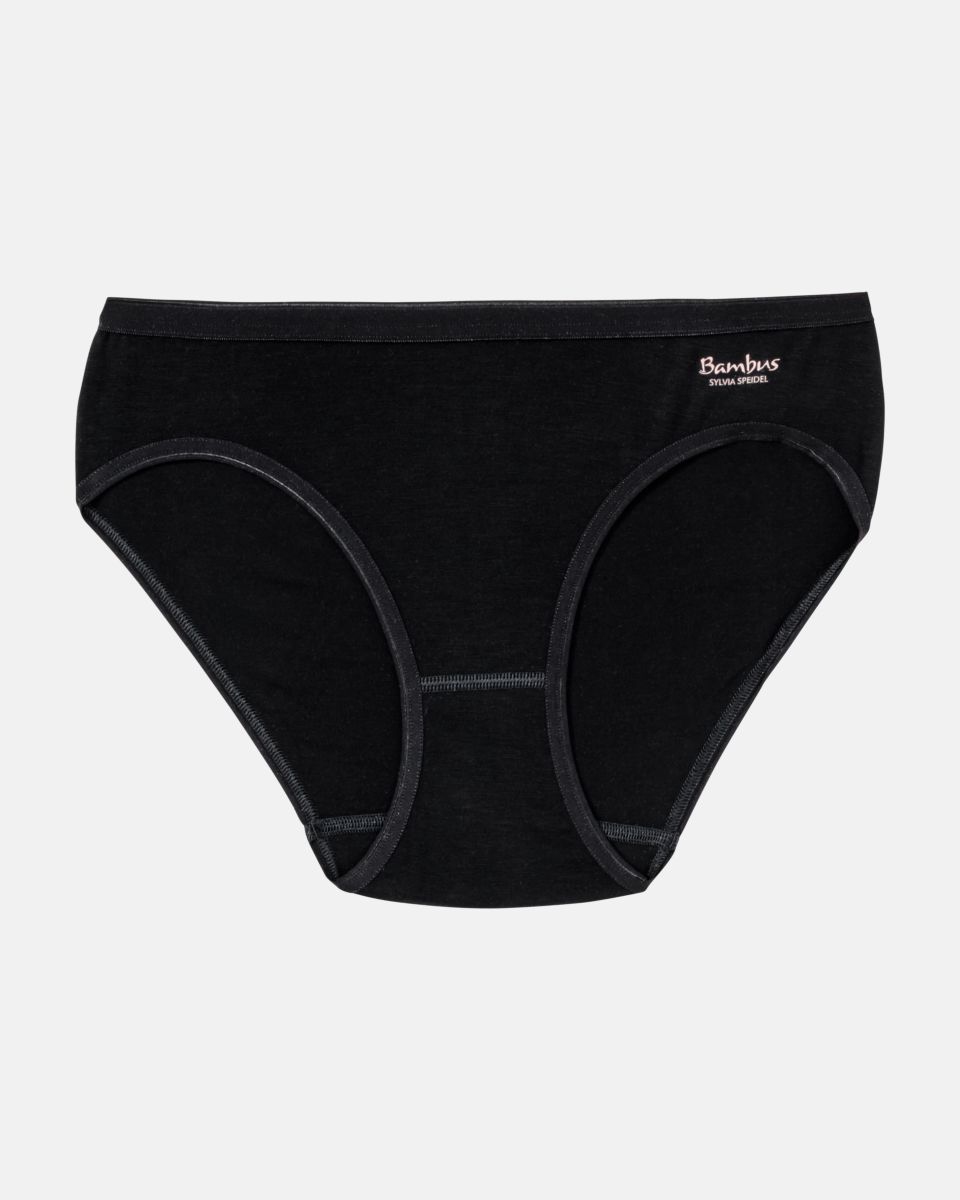 Minislip in schwarz aus der Serie Swenja, flach auf einer Oberfläche liegend.