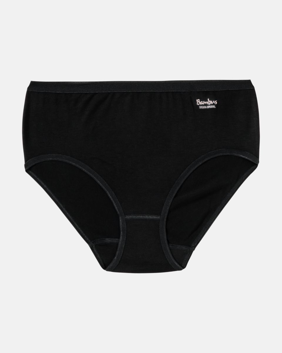 Midislip in schwarz aus der Serie Swenja, flach auf einer Oberfläche liegend.