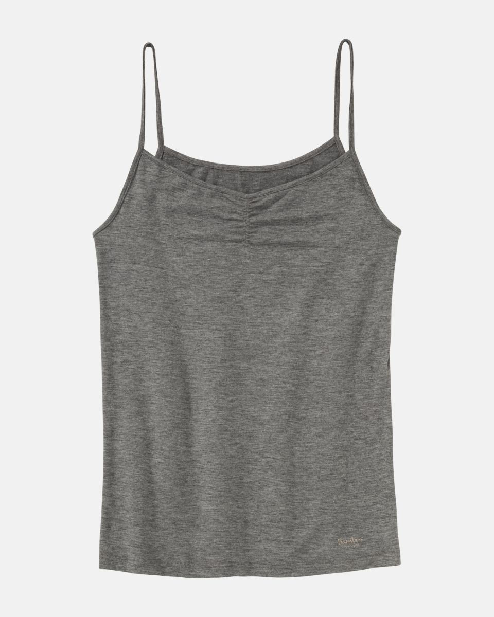 Hemd in grau mélé aus der Serie Swenja, flach auf einer Oberfläche liegend.