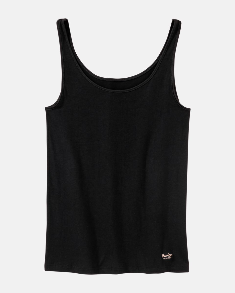 Achselhemd in schwarz aus der Serie Swenja, flach auf einer Oberfläche liegend.