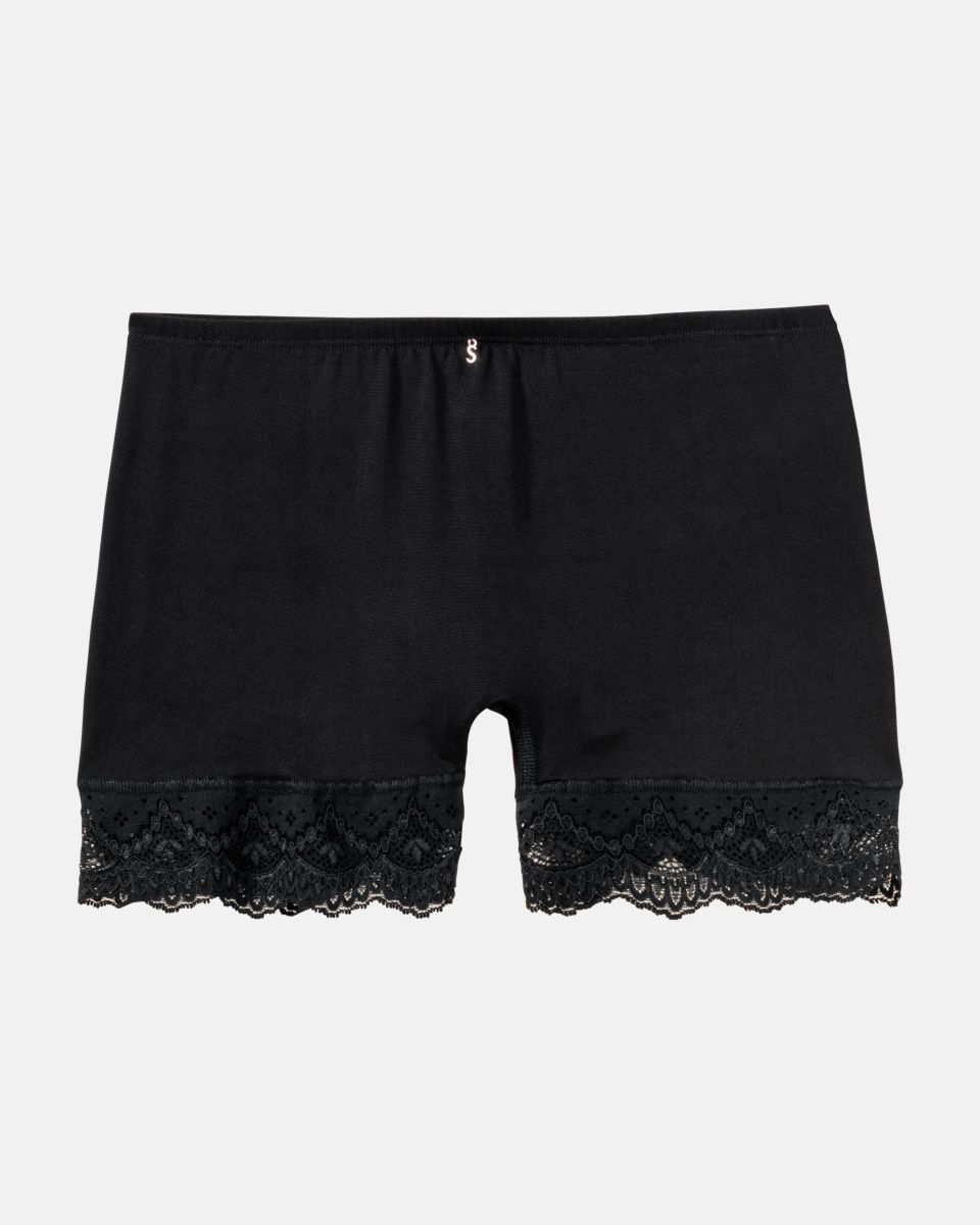 Pant in schwarz aus der Serie Stella, flach auf einer Oberfläche liegend.