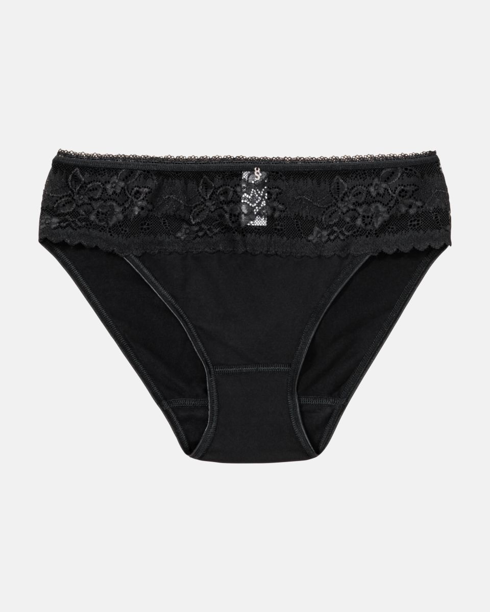 Bikinislip in schwarz aus der Serie Silvana, flach auf einer Oberfläche liegend.