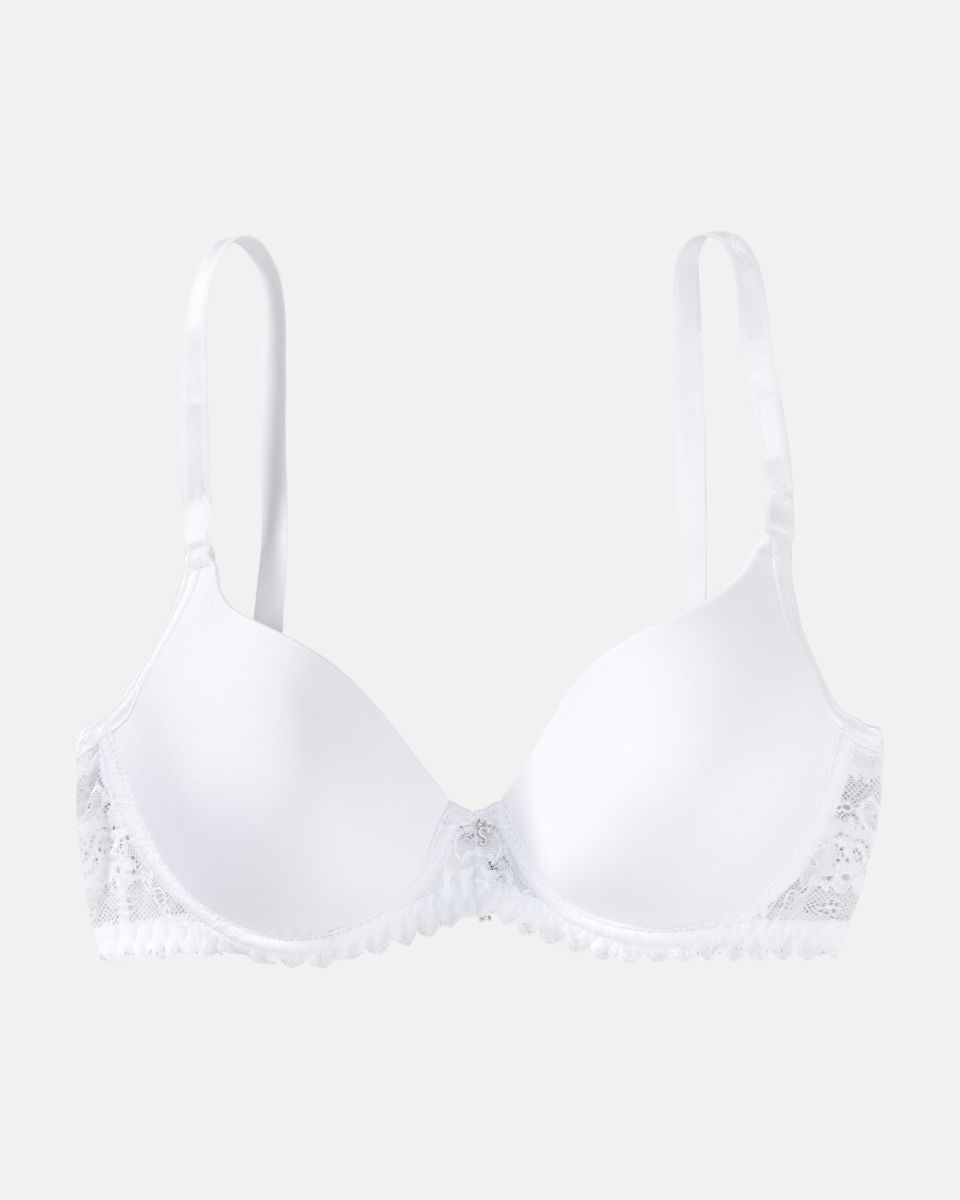 Schalen BH mit Bügel in weiß aus der Serie Silvana, flach auf einer Oberfläche liegend.
