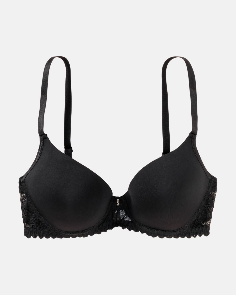 Schalen BH mit Bügel in schwarz aus der Serie Silvana, flach auf einer Oberfläche liegend.